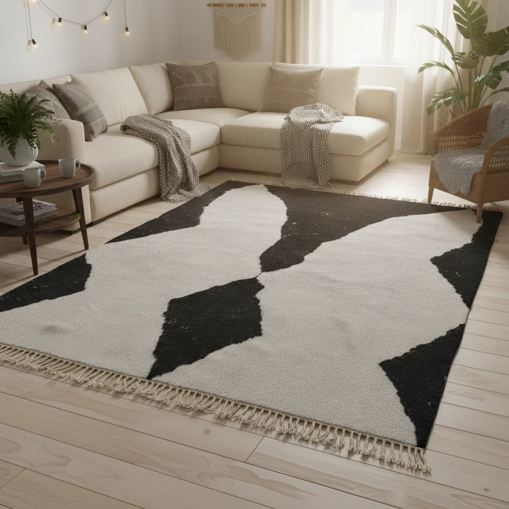 Black and ivory diamond rug in front of a cream sectional sofa with throws and string lights.