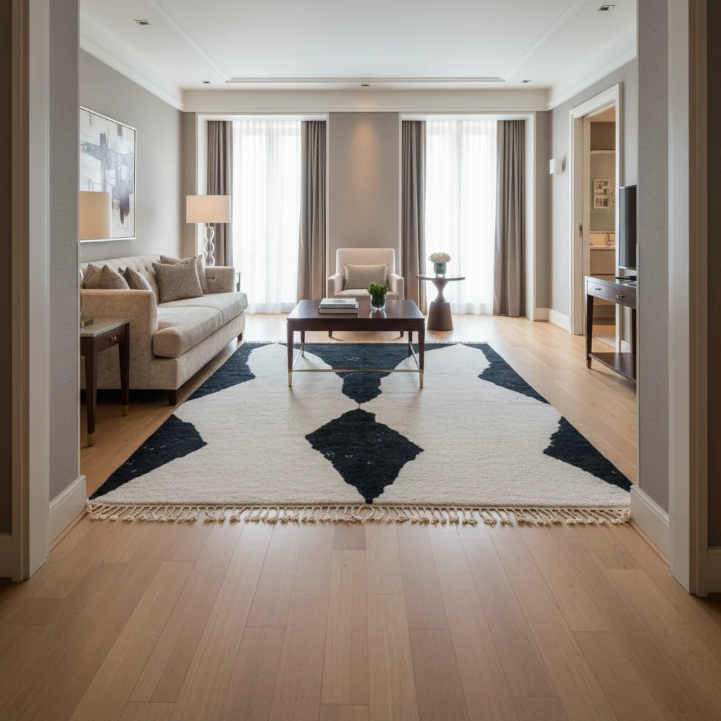 Black and ivory diamond rug seen through a doorway in a beige living room with a wood floor.