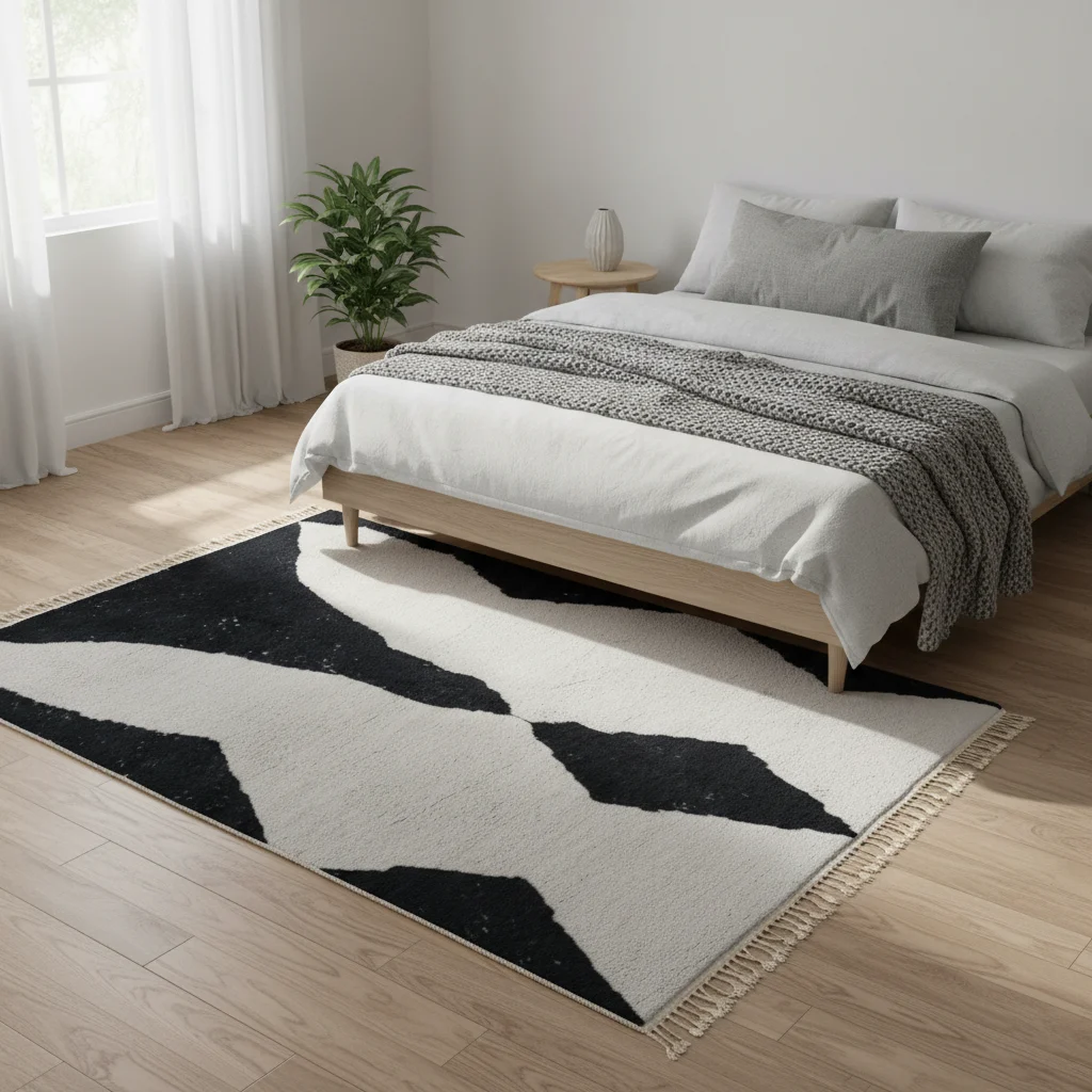 Black and ivory diamond rug on a wood floor under a bed with gray bedding.
