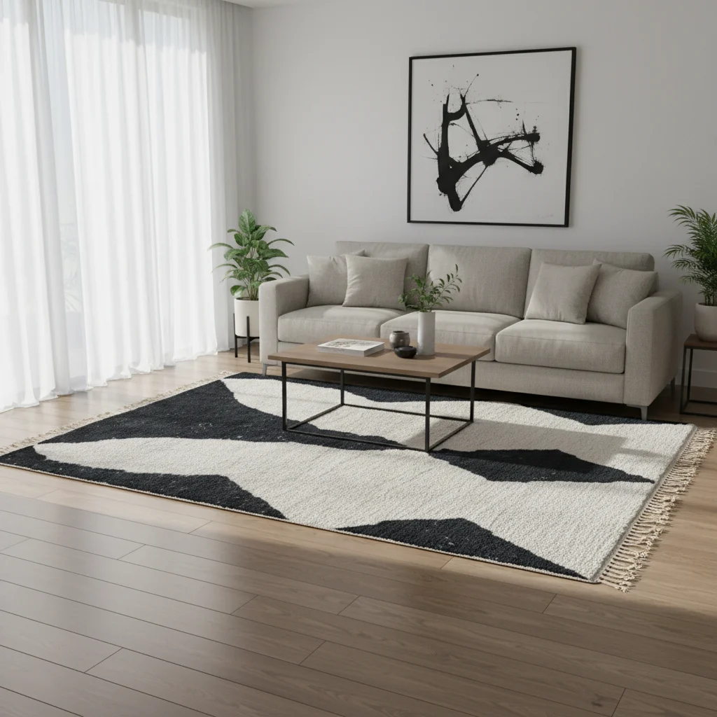 Black and ivory diamond rug under a metal-framed coffee table in front of a pale gray sofa.