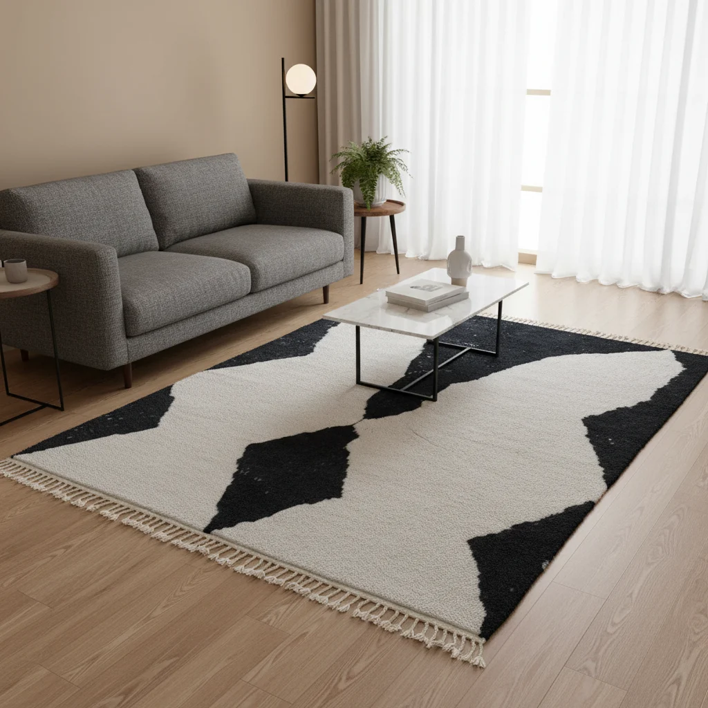 Black and ivory diamond rug under a marble coffee table beside a gray sofa in a beige room.