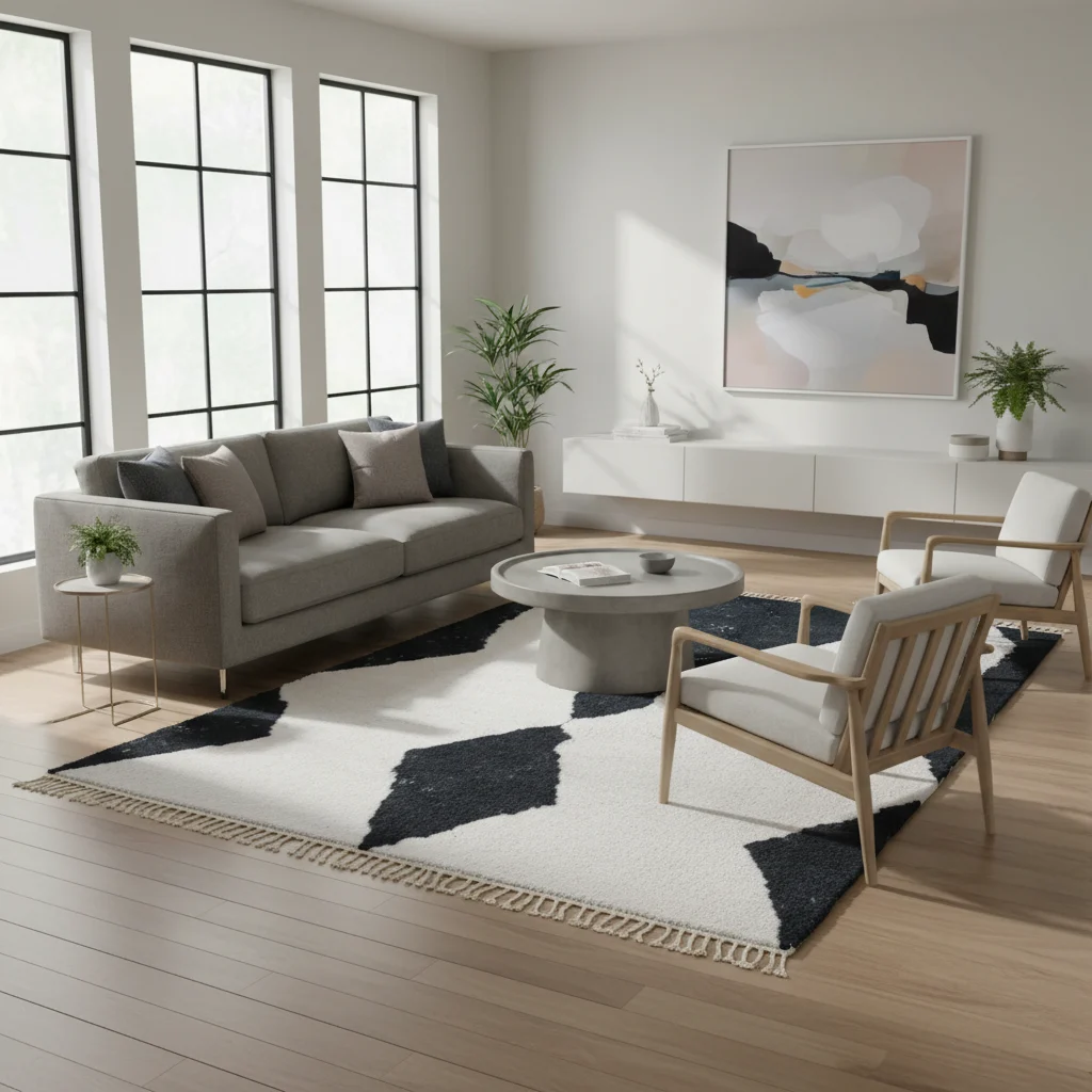 Black and ivory diamond rug in a bright room with a gray sofa, a round concrete table and a wood armchair.