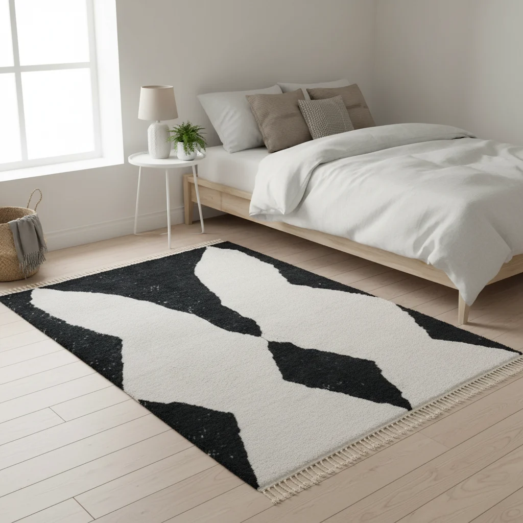 Black and ivory diamond rug on a pale wood floor beside a bed with white bedding.