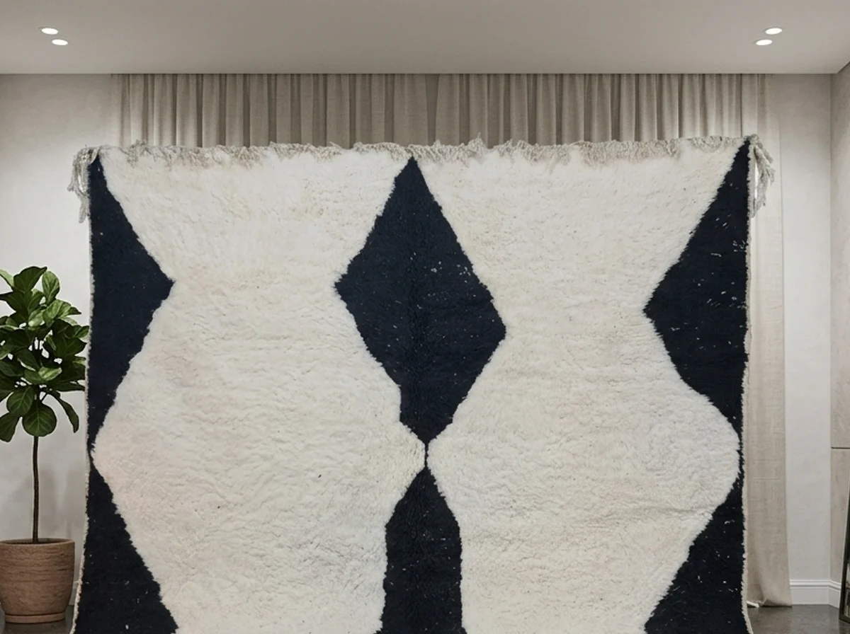 Upper part of an ivory wool rug with large black diamonds hung against a curtain, with a fiddle-leaf fig beside it.