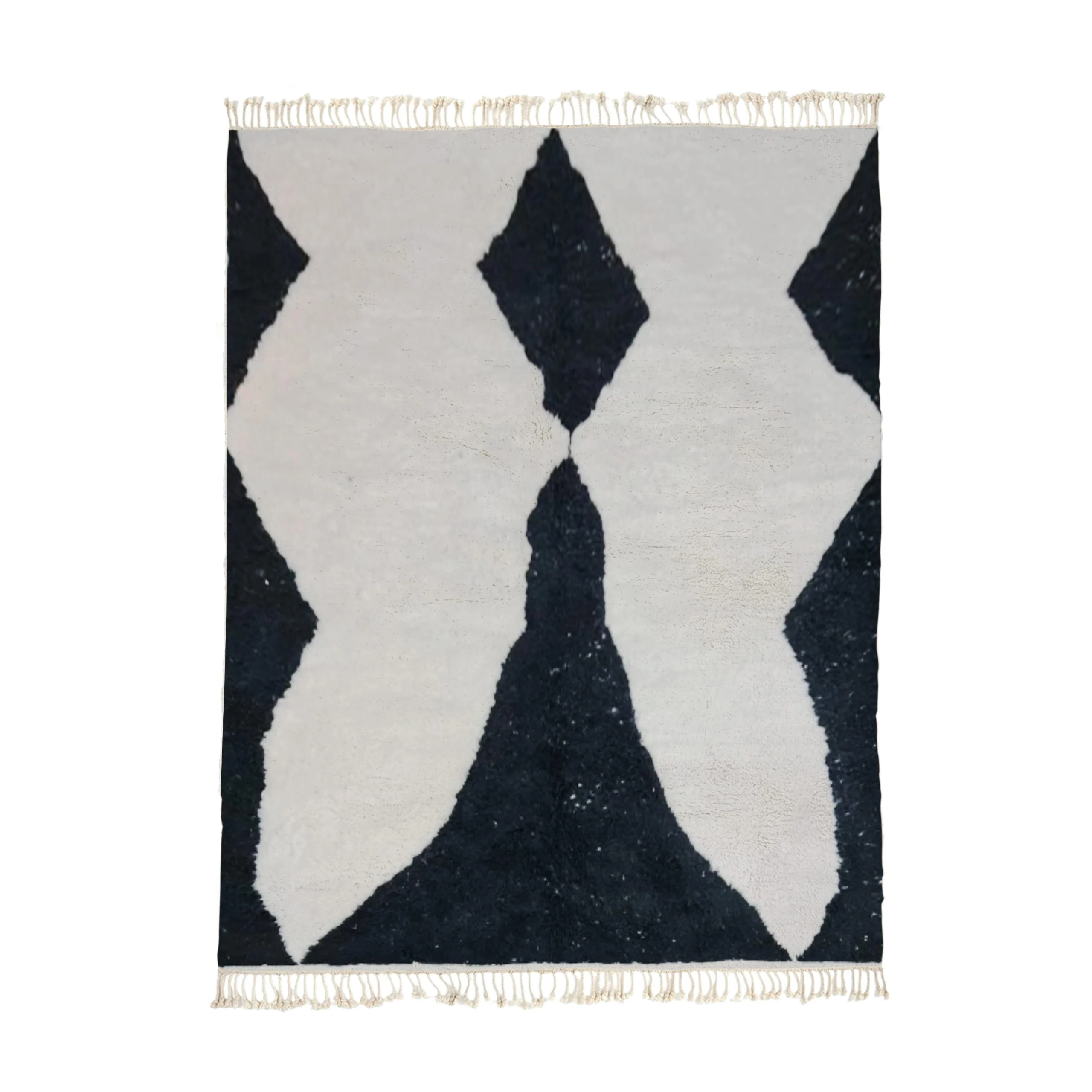 Ivory wool rug on a white background with large black diamonds down the center, black side shapes and fringe.