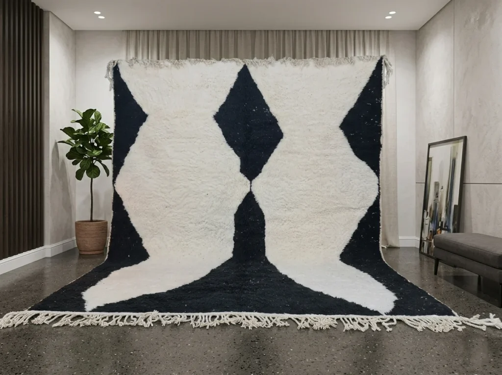 Tazrirt Moroccan Area Rug – Black & Ivory Oversized Diamonds – Handmade Wool