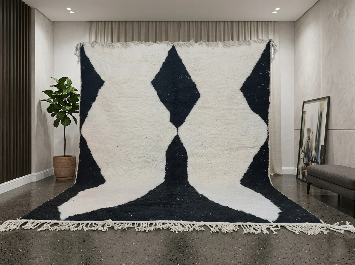 Black and ivory diamond rug hung in a gray room and spread onto a polished floor, with fringe in front.