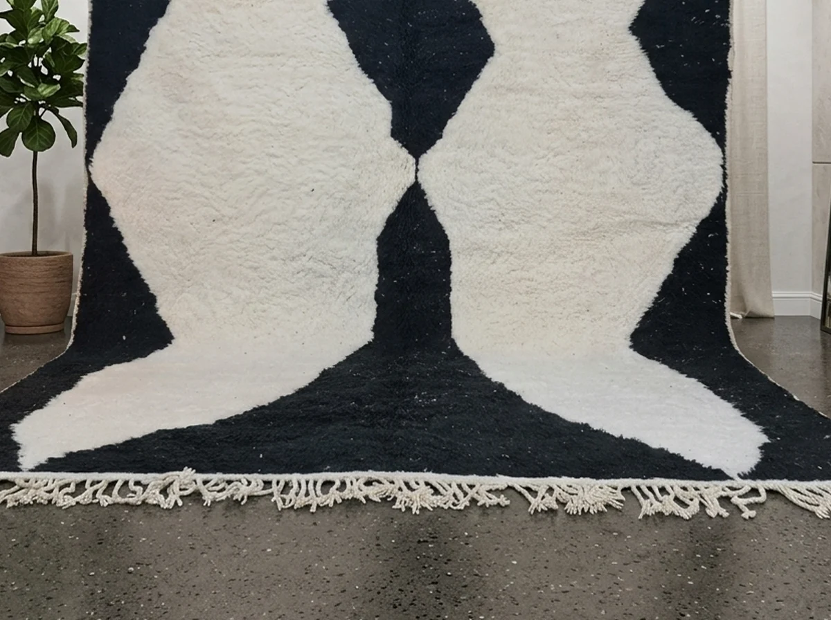 Lower part of the black and ivory rug showing the central black form widening toward the fringed end.