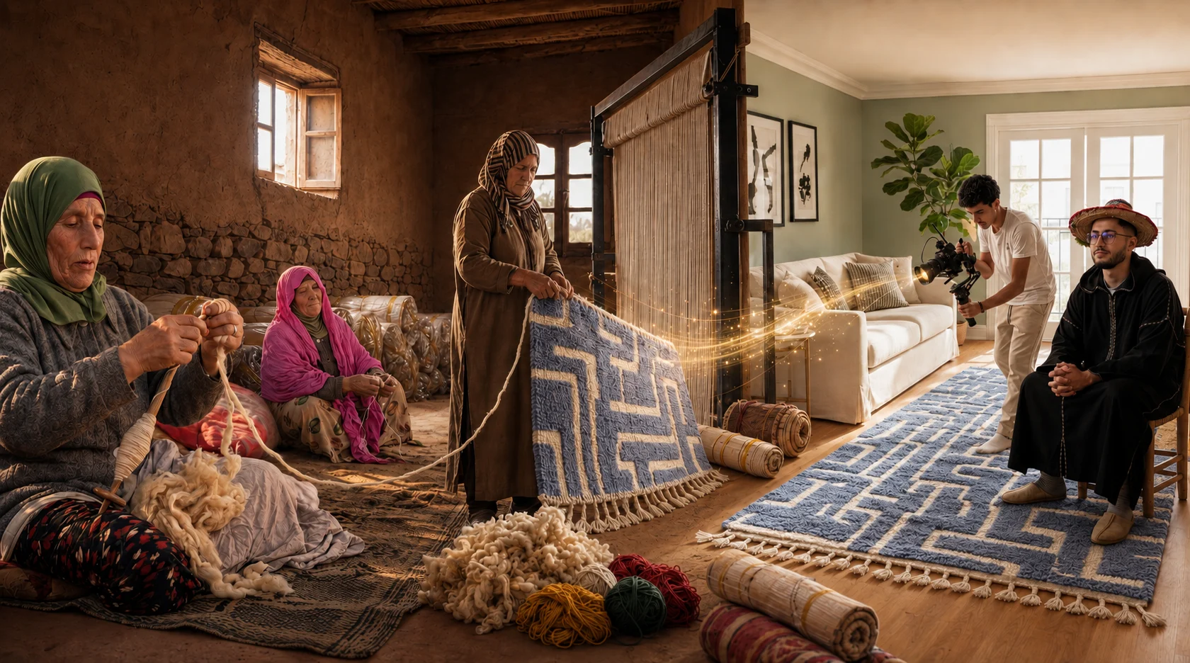 Moroccan artisans spinning wool and weaving a rug by hand, and the finished rug in a modern living room