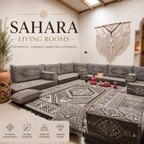Floor Seating: handmade Sahrawi majlis floor sofas and seats, made for gathering.