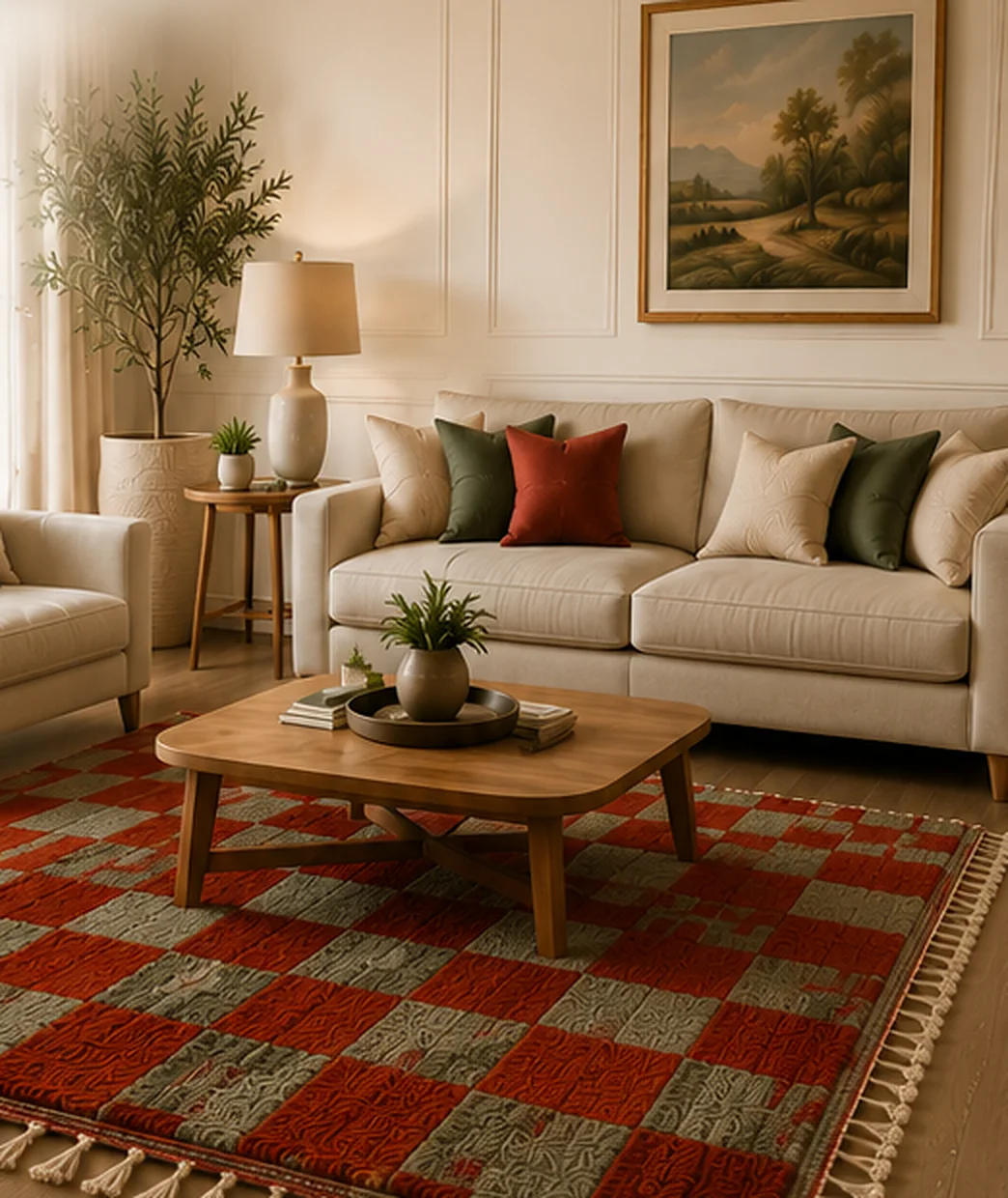 A living room with a red and sage green checkered Moroccan rug under a wooden coffee table.