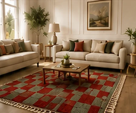 Large checkered rug in a living room.