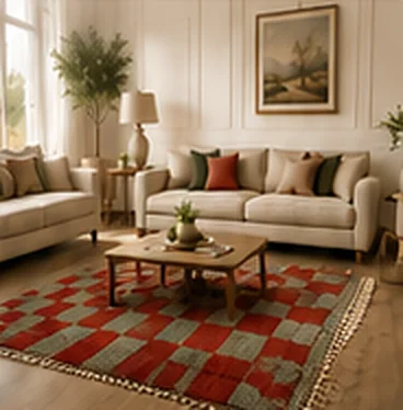Medium checkered rug in a living room.