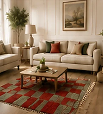 Small checkered rug in a living room.