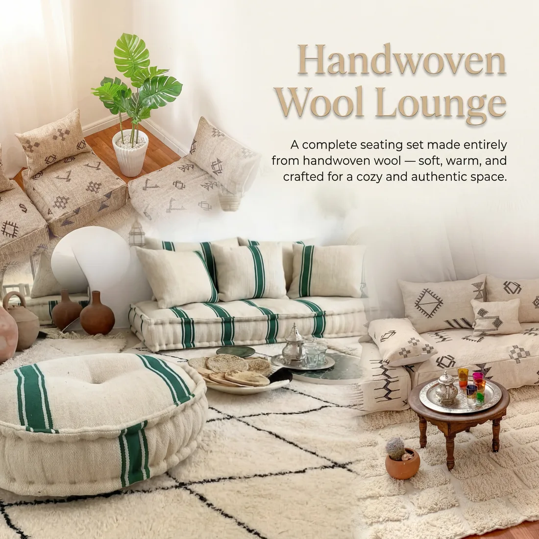 Handwoven Wool Lounge: a complete seating set made entirely from handwoven wool, soft, warm, and crafted for a cozy and authentic space.