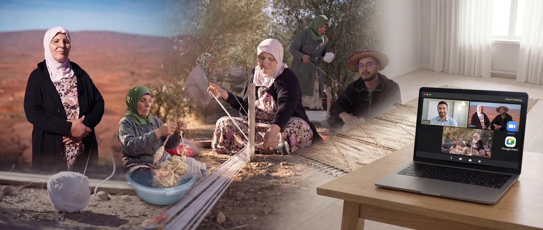 Tazrirt artisans preparing wool and threads in the Atlas, and a video call with a client about a custom rug.