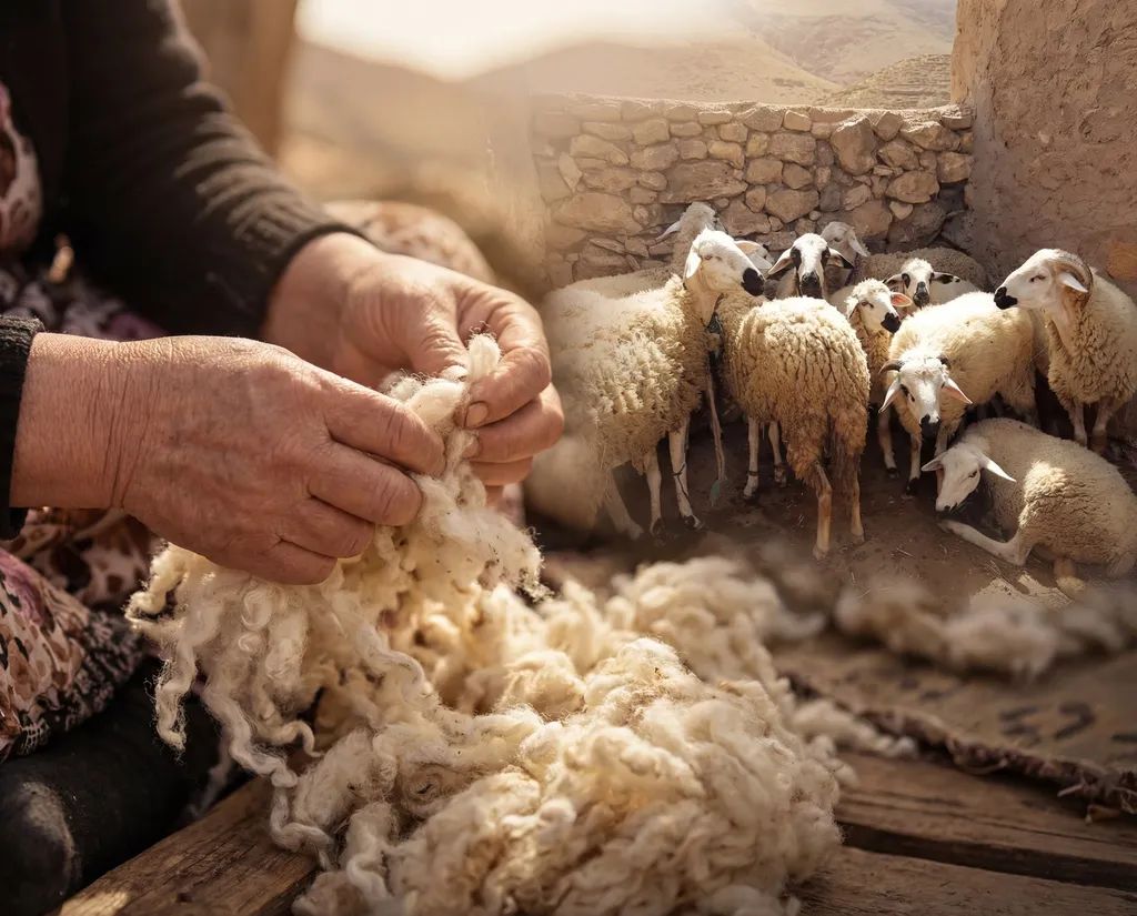 Hands sorting raw white wool, with a flock of sheep behind in an Atlas village.