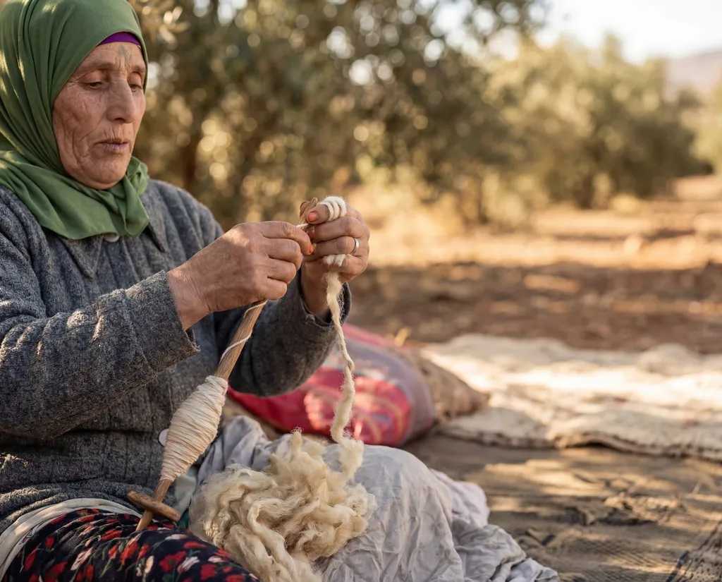 A woman spinning wool into yarn with a wooden hand spindle.