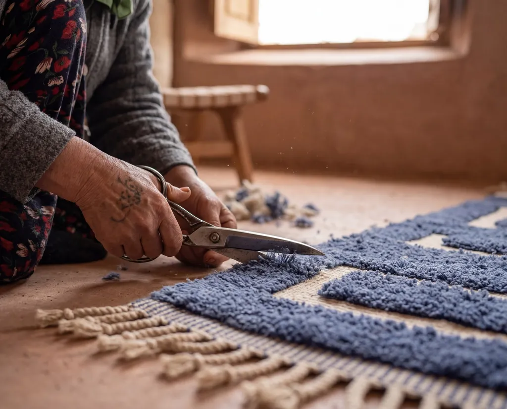 Hands trimming the pile of a blue and cream rug with scissors.