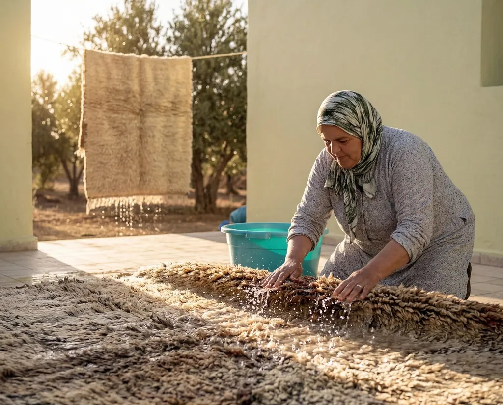 A woman washing a wool rug outdoors while another rug dries in the sun.