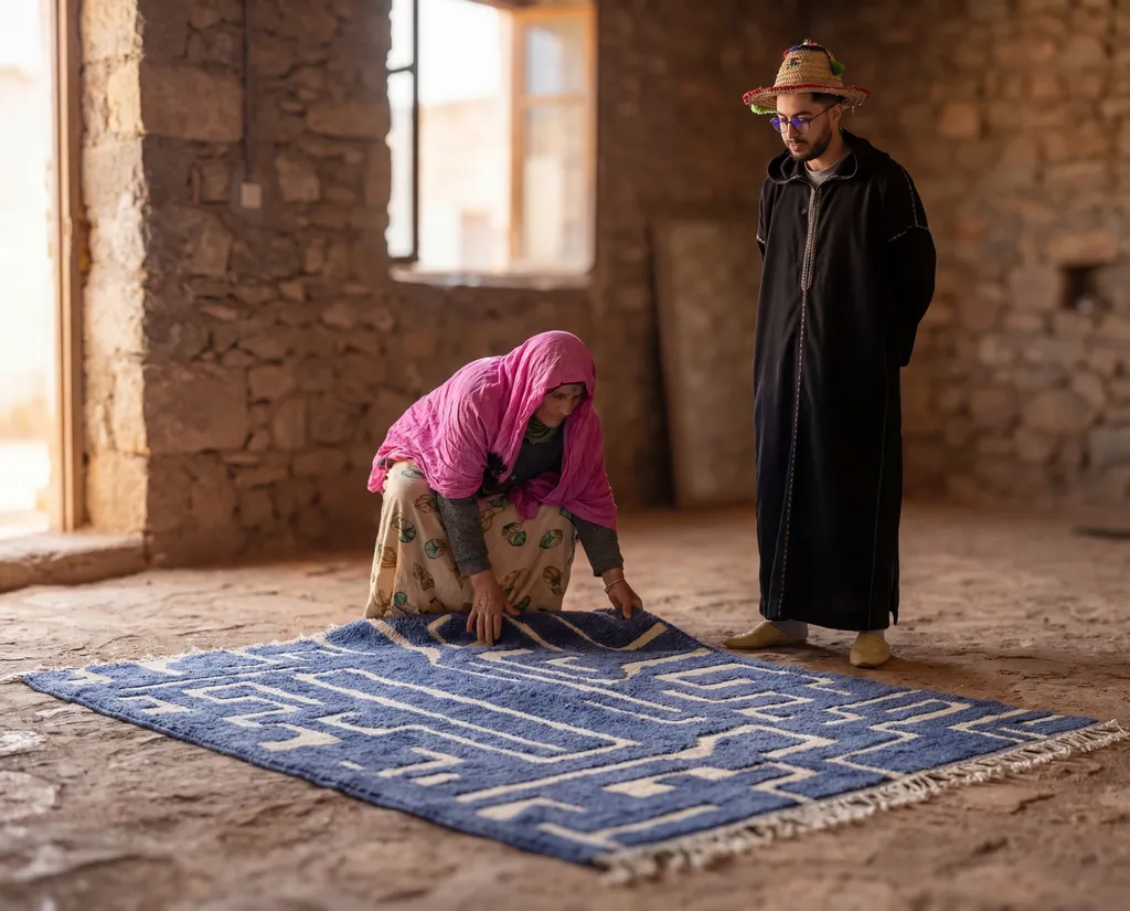 A man in a djellaba inspecting a finished blue rug while a woman smooths it flat.