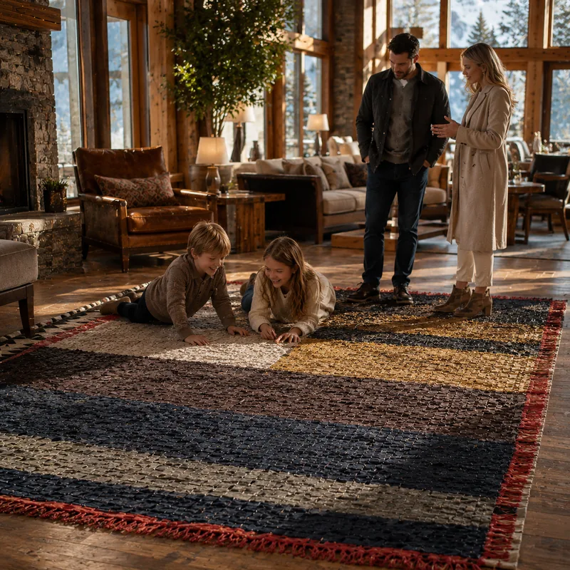 A family on a handcrafted Tazrirt leather rug in a mountain chalet living room.