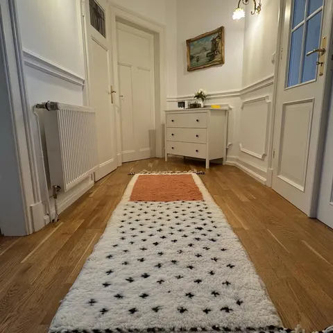A handwoven Moroccan rug in a hallway.