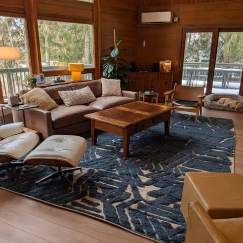 A handwoven Moroccan rug in a living room.