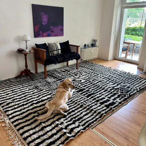 A handwoven Moroccan rug in a living room.