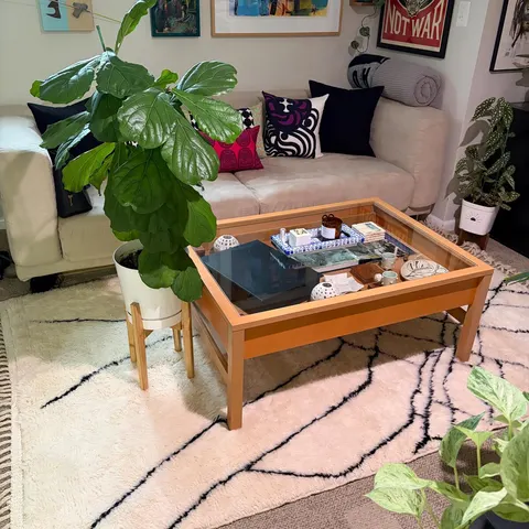 A handwoven Moroccan rug in a living room.