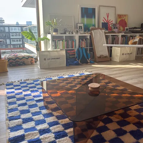 A handwoven Moroccan rug in a living room.