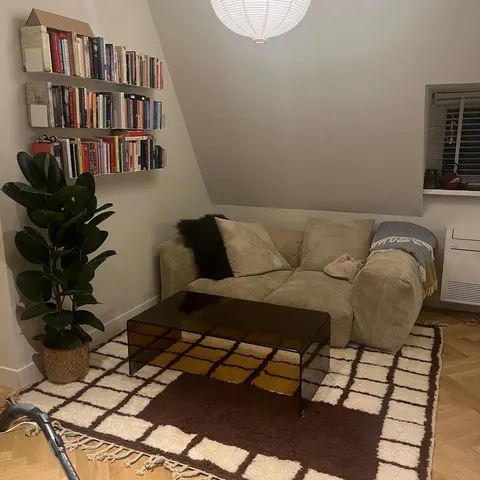 A handwoven Moroccan rug in a living room.
