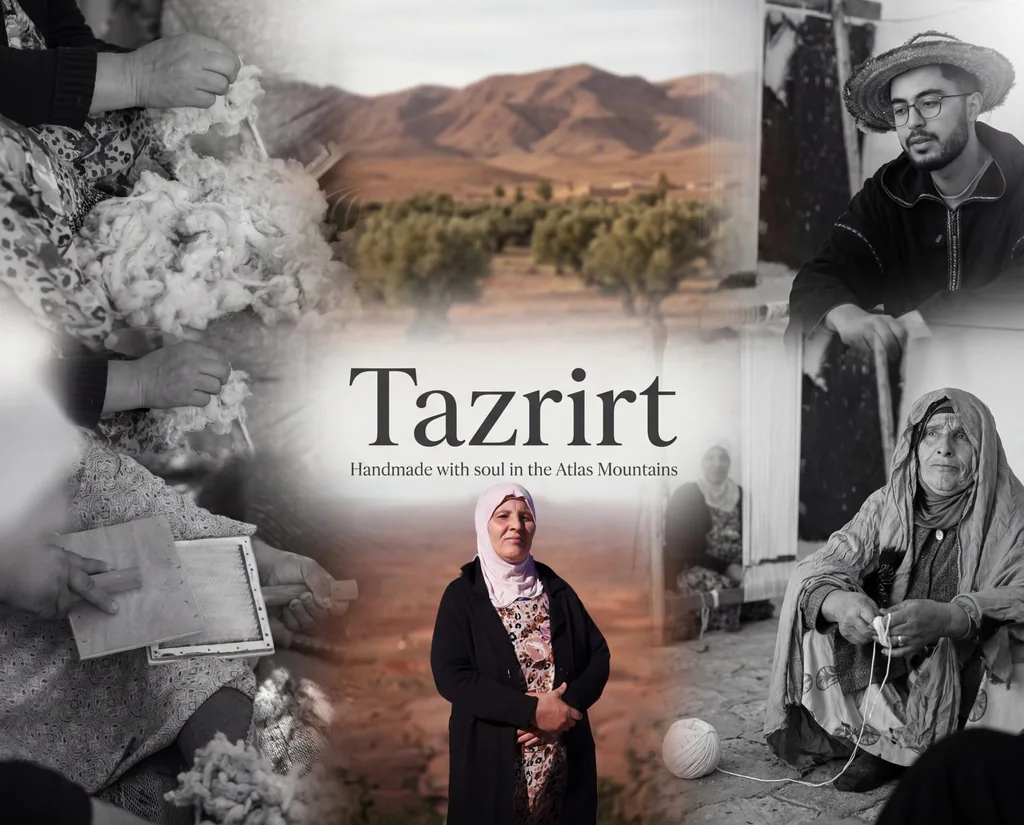 The Tazrirt family of artisans in the Atlas Mountains: hands carding wool, the weavers at home, and the land around them.
